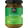 Urtekram Luomu Vihreä pesto -purkki, lasinen, hopeinen metallikansi, vihreä etiketti; vegaaninen ja luomusertifioitu, 130 g, teksti englanniksi ja muilla kielillä, keltaiset korostukset