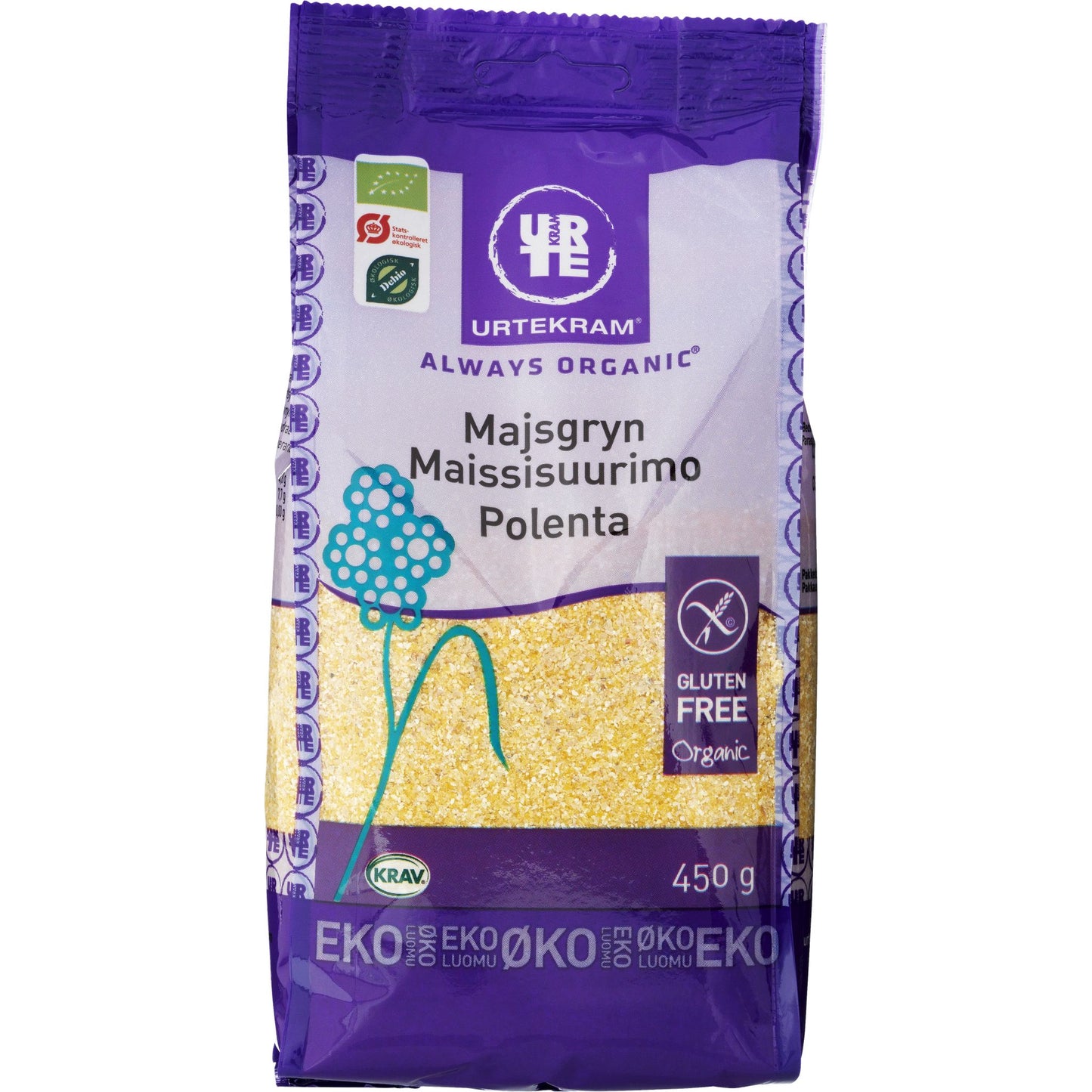 Urtekram Gluteeniton Luomu Maissisuurimo -pakkaus, 450 g, violetti-laventelinvärinen, uudelleensuljettava mattamuovipakkaus; valkoinen groteskiteksti, sertifiointimerkit etupuolella