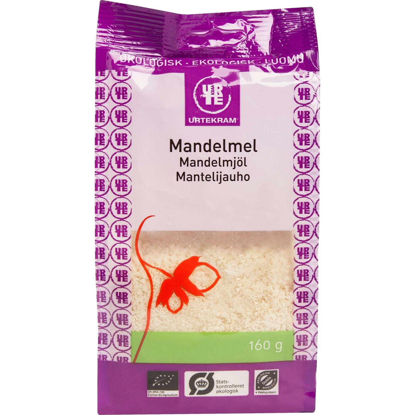 Urtekram Luomu Mantelijauho -pakkaus, 160 g, violetti-valkoinen mattapussi, teksti useilla kielillä; tyylitelty punainen mantelikuvitus, lihavoitu groteskiteksti, gluteeniton mainittu