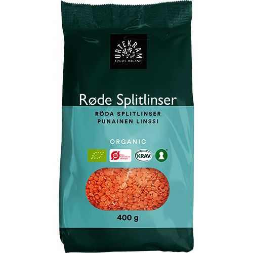 Urtekram Luomu Punainen linssi -pussi, 400 g, vihreä-musta mattamuovi, kirkas ikkuna näyttää oranssit linssit; sertifiointimerkkejä alaosassa, groteskiteksti tuotenimelle