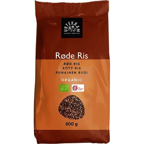 Urtekram Luomu Punainen riisi -pakkaus, 500 g, ruskea-oranssi, useita kielitekstejä ja sertifiointimerkkejä; suorakulmainen muovipussi, mattapinta, lihavoitu groteskiteksti