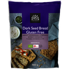 Urtekram Gluteeniton Luomu Tumma Siemenleipä Jauhoseos; pakkaus Urtekram Organic Gluten Free Dark Seed Bread -leipäjauhoseosta, 560 g; suorakulmainen paketti kiiltopäällysteisessä tummansinisessä muovipakkauksessa; etuosan kuvissa siemenleipäviipaleita, joista yhdessä tuorejuustoa, yrttejä ja tomaattia; tuotenimi lihavoidulla valkoisella kirjasimella; tausta tasainen, ei käsiä tai ihmisiä, studiokuva silmän korkeudelta.
