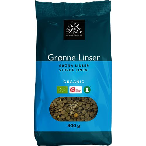 Urtekram Luomu Vihreä linssi -pussi, 400 g, sinivihreä, kirkas ikkuna näyttää vihreät linssit; teksti useilla kielillä ja luomumerkit, joustava mattapintainen pakkaus
