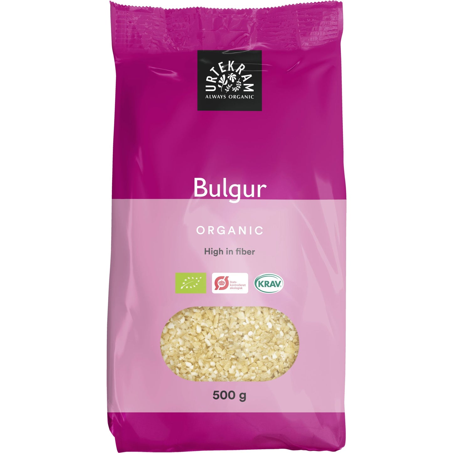 Urtekram Luomu Bulgur -pussi, 500 g, vaaleanpunainen, kirkas ikkuna näyttää bulgurin; mattapintainen muovipussi, yksinkertainen groteskiteksti, korkea kuitupitoisuus ja luomumerkit mainittu