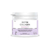 Biotin Collagen Skin Beauty -ravintolisäjauhe; valkoinen ja laventelinvärinen purkki kierrekannella, etiketissä kollageenipitoista tuotetietoa ja kuvakkeita; lieriömäinen muovipurkki, mattapinta, pääosin laventeli yläosassa häivittyen valkoiseksi alaosassa; groteskityyppiä; vaalea tausta, ei ihmisiä.