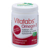 Vitatabs Omega-3 (krilliöljy) -pullo, valkoinen mattamuovi, pyöristetyt reunat, valkoinen kierrekorkki; punais-valkoinen etiketti suomeksi, lihavoitu groteskiteksti, ekomerkkejä