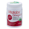 Vitatabs Omega-3 (krilliöljy) -pullo, valkoinen mattamuovi, pyöristetyt reunat, valkoinen kierrekorkki; punais-valkoinen etiketti suomeksi, lihavoitu groteskiteksti, ekomerkkejä