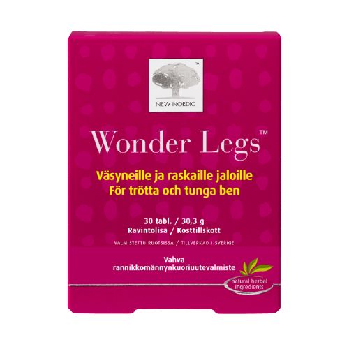 Wonder Legs -ravintolisäpakkaus, 30 tablettia, väsyneille ja raskaille jaloille; kirkkaanpinkki suorakaiteen muotoinen mattapintainen rasia, valkoinen-tummanpinkki groteskiteksti suomeksi ja ruotsiksi