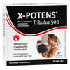 X-Potens Tribulus 500 -tabletit; pakkauksessa kuva miehestä nostamassa käsipainoa sekä suomenkielistä tekstiä kestävyyden ja elinvoiman lisäämisestä, lisäksi vegaanimerkki kasviperäisestä koostumuksesta; suorakulmainen, mattapintainen pakkaus, pääväri musta; lihavoitua valkoista ja keltaista groteskitekstiä; ei taustaympäristöä näkyvissä, tuote kuvattu edestäpäin.