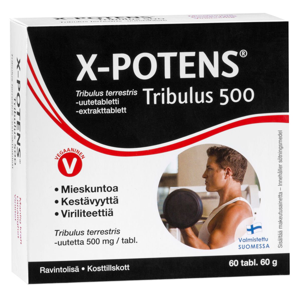 X-Potens Tribulus 500 -tabletit; pakkauksessa kuva miehestä nostamassa käsipainoa sekä suomenkielistä tekstiä kestävyyden ja elinvoiman lisäämisestä, lisäksi vegaanimerkki kasviperäisestä koostumuksesta; suorakulmainen, mattapintainen pakkaus, pääväri musta; lihavoitua valkoista ja keltaista groteskitekstiä; ei taustaympäristöä näkyvissä, tuote kuvattu edestäpäin.