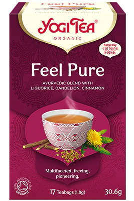 YogiTea Luomu Detox Dandelion -pakkaus (Feel Pure), teekuppi kanelitankojen, voikukan ja lakritsin kanssa; eloisa violetti mattapintainen rasia kasvikuvituksin, valkoinen-keltainen lihavoitu serifiteksti, 17 kofeiinitonta teepussia
