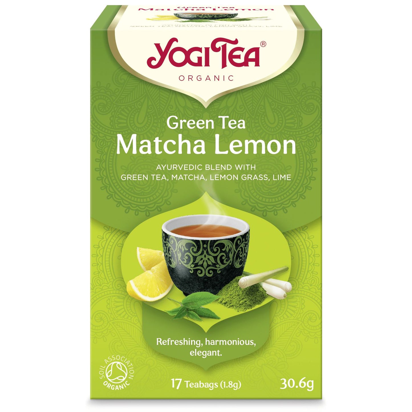 YogiTea Luomu Green Matcha Lemon -teepakkaus; suorakulmainen, mattapintainen rasia vihreän ja keltaisen sävyissä; etiketissä kuva teekupista, matchajauheesta, sitruunaviipaleista ja sitruunaruohosta; merkki ja tuotetiedot luettavissa etiketistä; kuvattu suoraan edestä neutraalia taustaa vasten, ei ihmisiä tai käsiä näkyvissä.