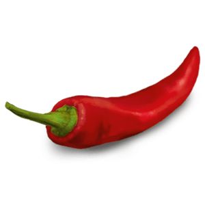 Yksi punainen chilipaprika vihreine varsineen valkoisella taustalla, pehmeä varjo alla; mattapinta, kaareva soikea muoto, ei pakkausta näkyvissä