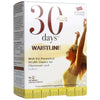 30 Plus Days Waistline -pakkaus, valkoinen-violetti-oranssi suorakulmainen rasia, kuvassa venyttelevä nainen auringonvalossa; mattapinta, groteskiteksti, 120 tablettia, kehitetty Norjassa
