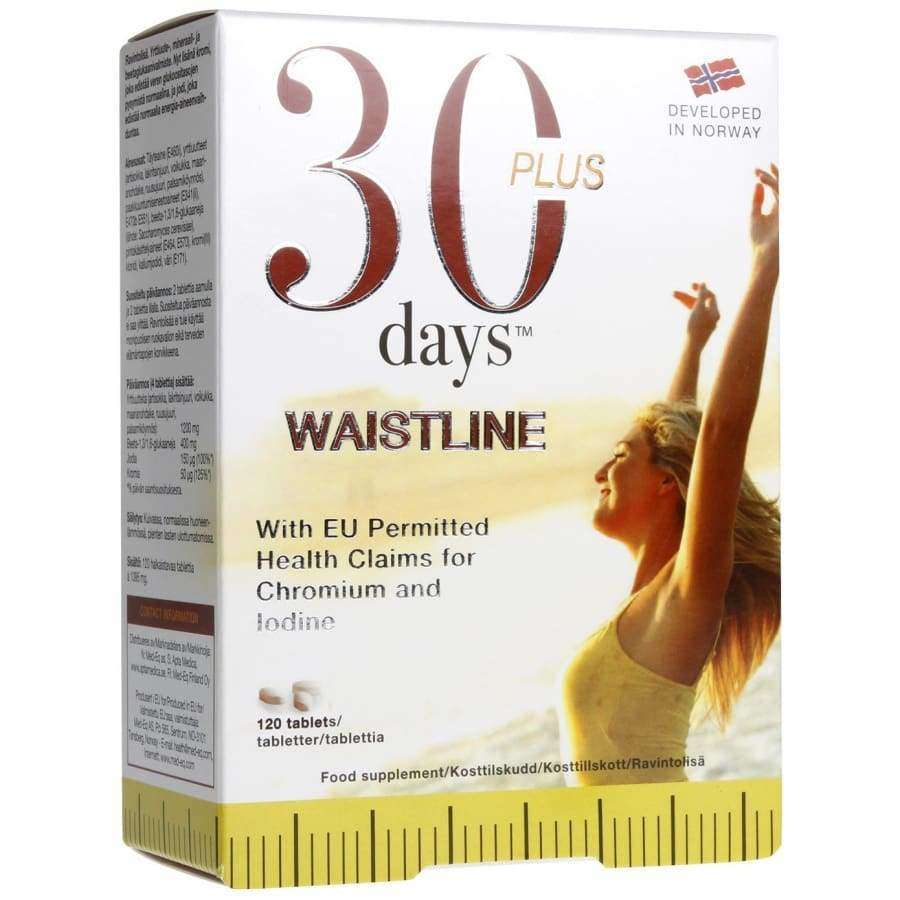 30 Plus Days Waistline -pakkaus, valkoinen-violetti-oranssi suorakulmainen rasia, kuvassa venyttelevä nainen auringonvalossa; mattapinta, groteskiteksti, 120 tablettia, kehitetty Norjassa
