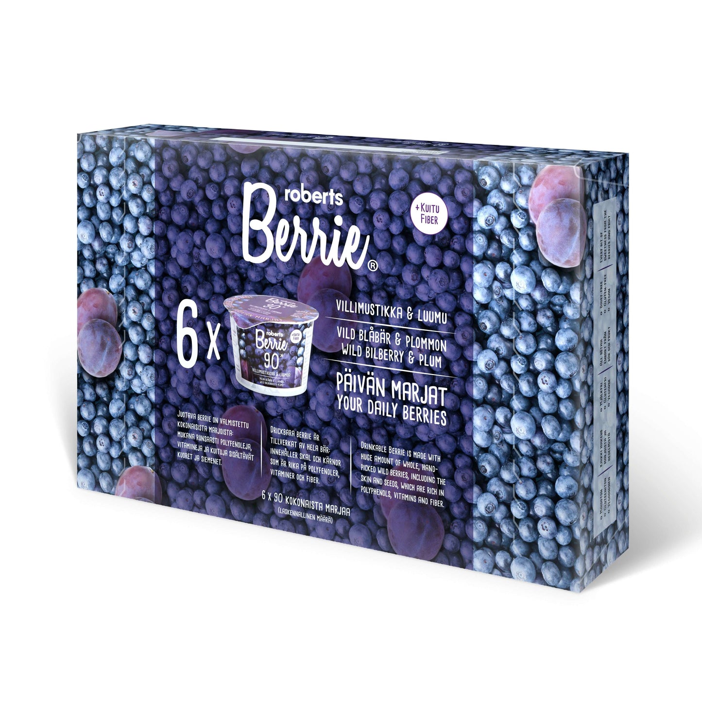 Roberts Berrie Fiber Villimustikka & Luumu -pakkaus, sisältää villimustikka- ja luumujuomia; eloisia kuvia mustikoista ja luumuista, tuotetietoja sekä kuusi kertakäyttökuppia esillä etupaneelissa; laatikko pääosin violetti sinisin korostuksin, kiiltäväpintainen, lihavoitua valkoista tekstausvapaata tekstiä; etupuolella kuusi muovikuppimuotoa rivissä; tausta valkoinen; ei ihmisiä tai käsiä näkyvissä; kuva otettu suoraan edestä.
