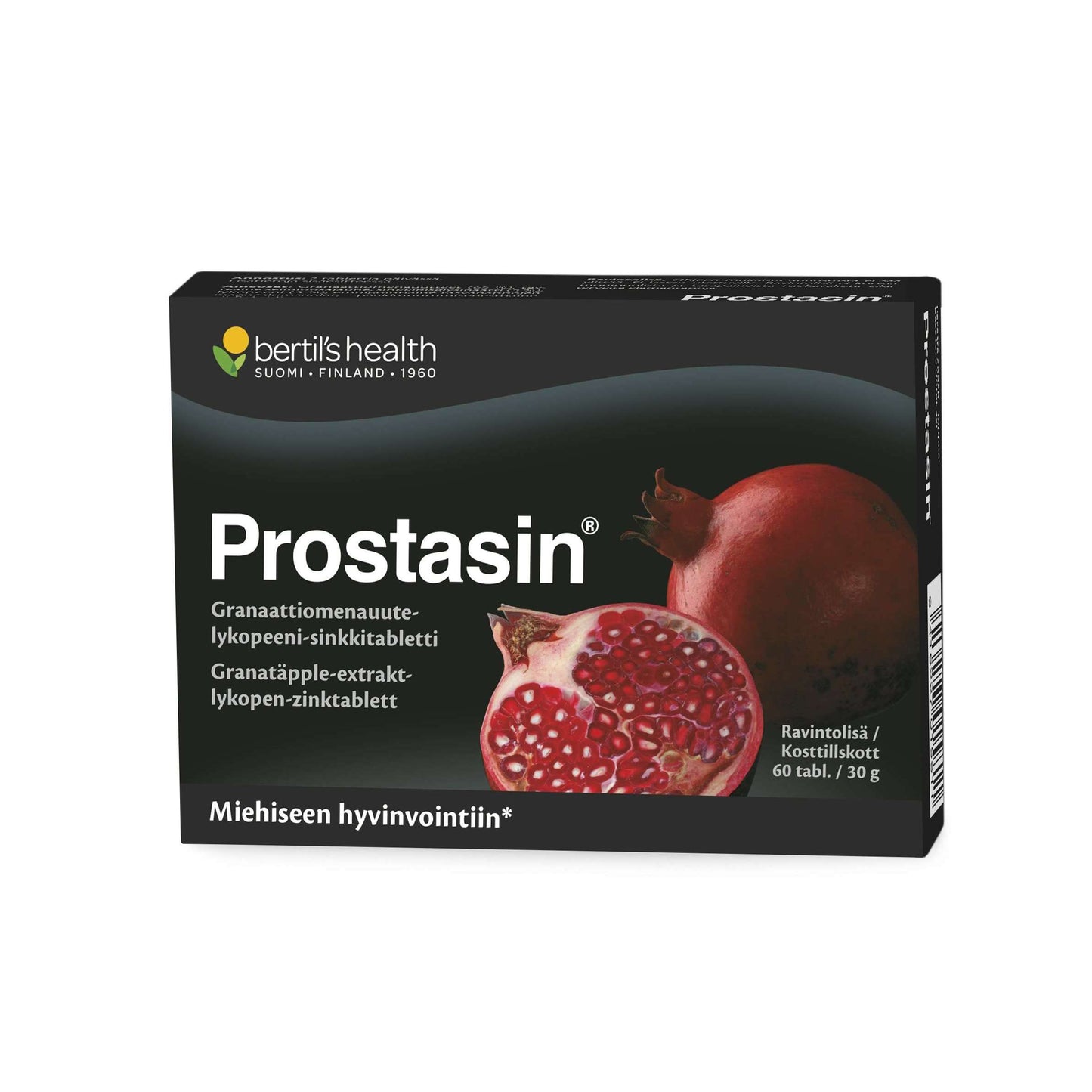 Prostatin-ravintolisä; kiiltäväpintainen, suorakulmainen pakkaus, jossa granaattiomenakuvitus; pääväreinä valkoinen ja punainen; teksti suomeksi ja saksaksi yksinkertaisella groteskifontilla; etiketissä ravintoaineluettelo; tuote kuvattu vaalealla taustalla, ei ihmisiä tai rekvisiittaa.