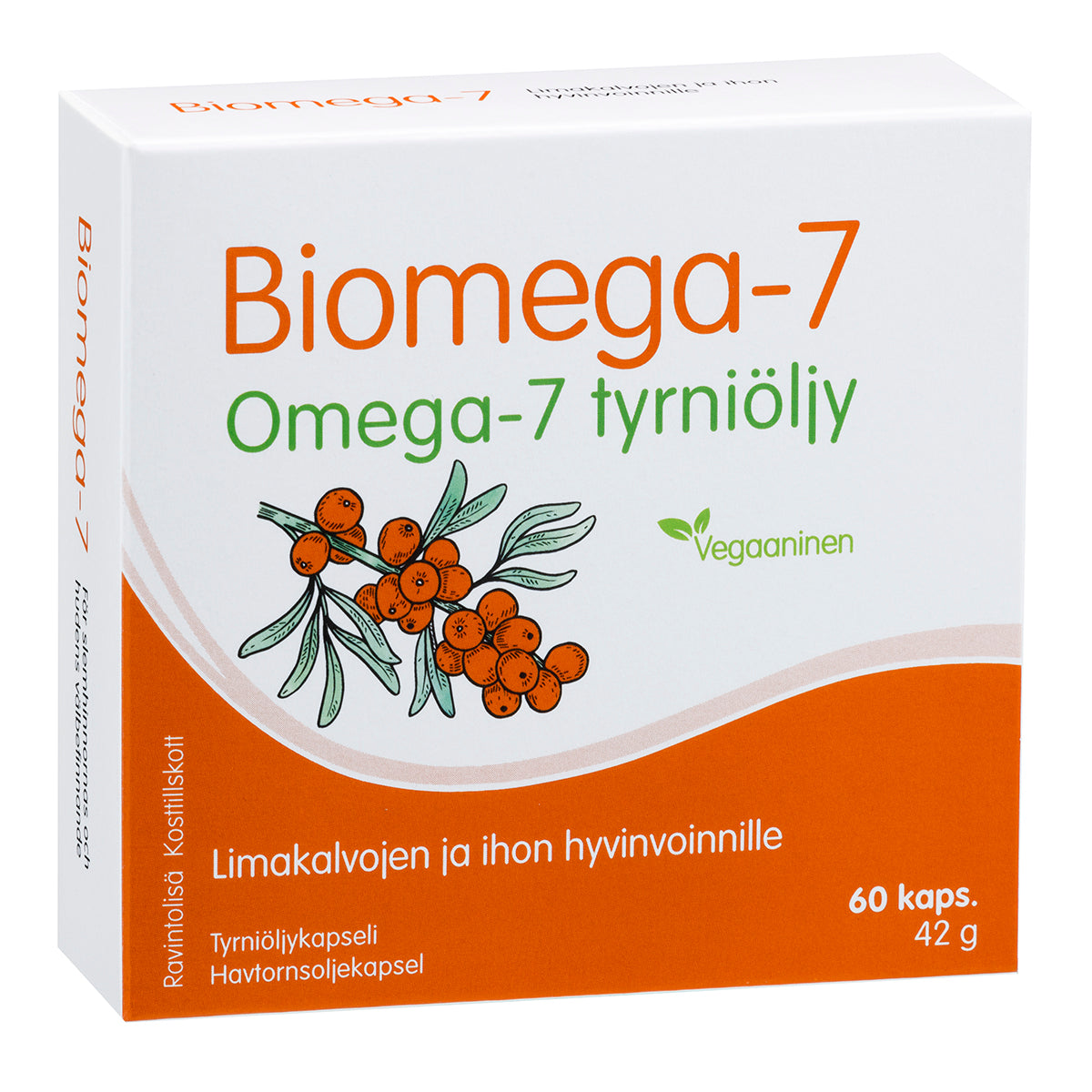 Biomega-7 Omega-7 Tyrniöljy -kapselipakkaus; suorakulmainen, mattapintainen rasia valkoisen ja oranssin sävyissä; kuvituksena tyrnimarjoja; suomenkielinen teksti kertoo hyödyistä iholle ja limakalvoille tekstausvapaalla kirjasimella; kuvattu yksiväristä taustaa vasten, ei ihmisiä tai käsiä näkyvissä.