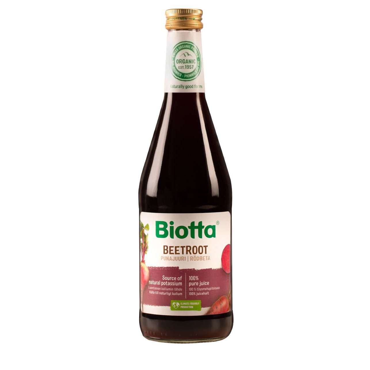 Biotta Luomu Punajuuritäysmehu 3-pack; yksittäinen, tumma ja kiiltäväpintainen lasipullo pyöristetyin hartioin, valkoisessa etiketissä punajuurikuvia, vihreä antiikvateksti "Biotta" sekä maininnat "Beetroot Juice" ja "Organic"; kultainen korkki, ravintosisältökuvakkeita; valkoinen studiotausta.