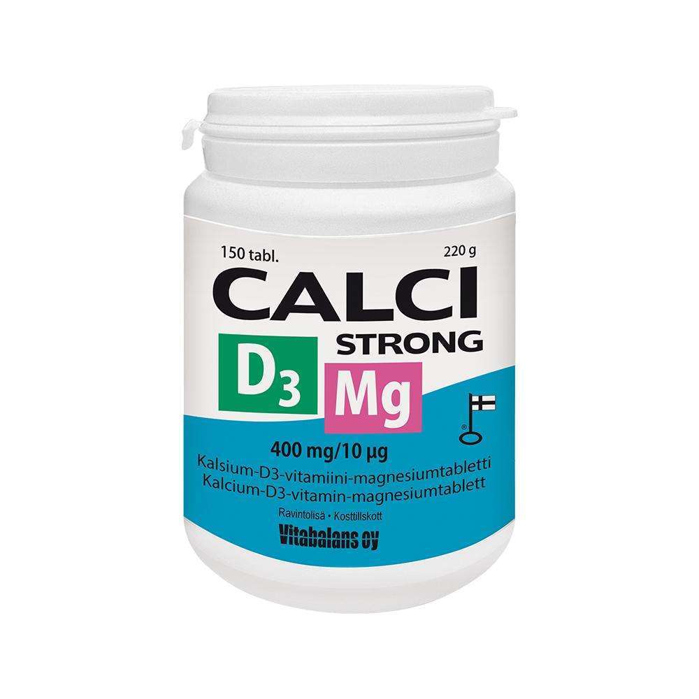 Calci Strong + Mg + D3 -valmiste; valkoinen muovipullo kierrekorkilla, sylinterinmuotoinen ja mattapintainen; etuetiketissä lihavoitu groteskikirjasin, isoin kirjaimin "CALCI STRONG D3 Mg", pienempi suomenkielinen teksti kalsiumista, D3-vitamiinista ja magnesiumista; etiketissä mainitaan 150 tablettia ja pullon paino 220 g; vaalea, siisti tausta ilman ihmisiä tai käsiä.