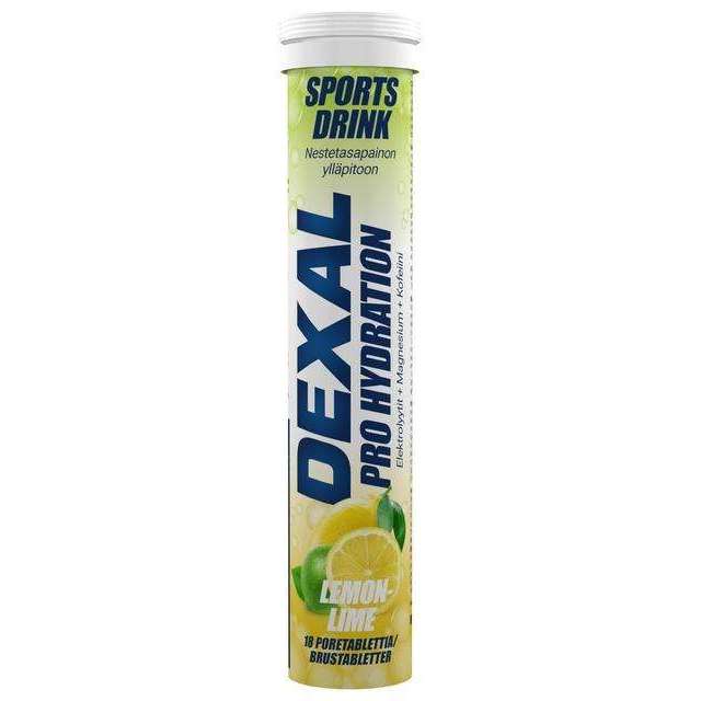 Dexal Pro Hydration Sitruuna-Lime & Kofeiini -urheilujuomatabletit; sylinterinmuotoinen putkilo pääosin keltaisen ja vihreän värisenä, kiiltäväpintainen; kyljessä sitruuna- ja limeviipaleiden kuvat; sisältää 18 poretablettia nopeaan ja tehokkaaseen nesteytykseen; pääteksti isoin groteskikirjaimin; valkoinen tausta ilman ihmisiä tai muita esineitä.