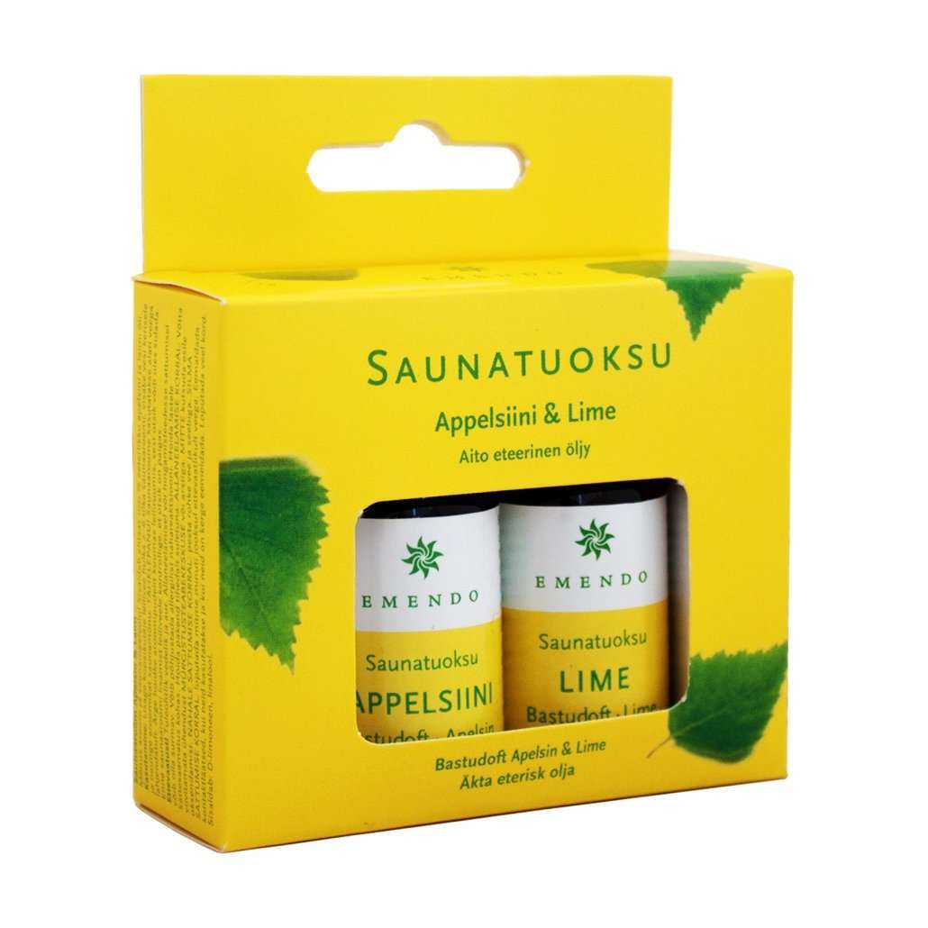 Emendo Saunatuoksu 2-pack Appelsiini & Lime; keltainen pahvipakkaus mattapintaisena, kuvituksena vihreitä lehtiä, ikkuna-aukossa näkyy kaksi tuoksupulloa; laatikko suorakulmainen, pääteksti groteskikirjasimella; pakkauksessa lehtikuvioita ja läpinäkyvästä ikkunasta erottuu tummaa lasia; neutraali tausta, ei ihmisiä kuvassa.