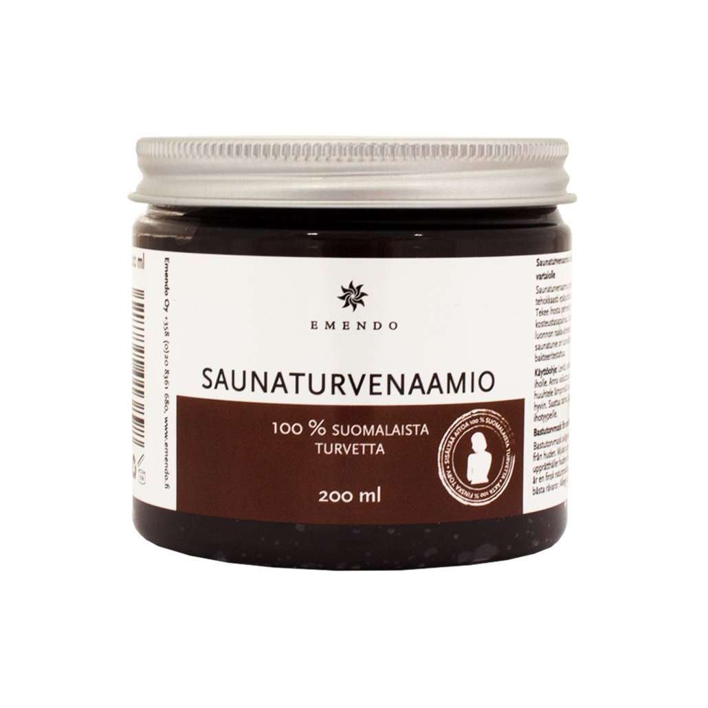 Emendo Saunaturvenaamio; purkki tekstillä "Emendo Saunaturvenaamio" ruskealla mattaetiketillä, lieriömäinen muoto, valkoinen tasainen muovinen kierrekansi ja lihavoitua groteskia suomenkielistä tekstiä, joka mainitsee "100% suomalaista turvetta" ja 200 ml; pakkaus keskikokoinen; ei ihmisiä tai käsiä näkyvissä; tuote esillä neutraalia taustaa vasten keskitetyssä kuvassa. Turvenaamio sisältää 100-prosenttisesti suomalaista turvetta ihonhoitoon.
