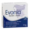 Evonia Keratin + Biotin -pakkaus, 60 kapselia; suorakulmainen, mattapintainen ja valkoinen rasia sinisin korostuksin; suomenkielinen teksti sekä abstrakti viivapiirros hiuksista ja kynsistä; pääteksti mustaa ja sinistä tekstausvapaata kirjasinta; kuvattu yksiväristä taustaa vasten, ei ihmisiä tai käsiä näkyvissä.