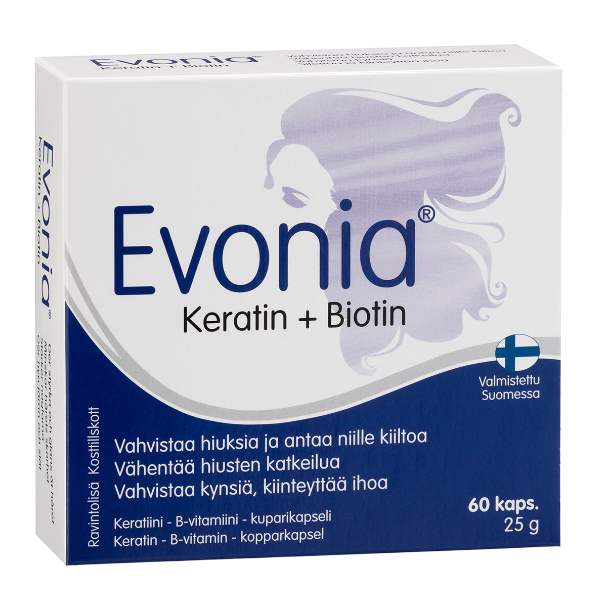 Evonia Keratin + Biotin -pakkaus, 60 kapselia; suorakulmainen, mattapintainen ja valkoinen rasia sinisin korostuksin; suomenkielinen teksti sekä abstrakti viivapiirros hiuksista ja kynsistä; pääteksti mustaa ja sinistä tekstausvapaata kirjasinta; kuvattu yksiväristä taustaa vasten, ei ihmisiä tai käsiä näkyvissä.