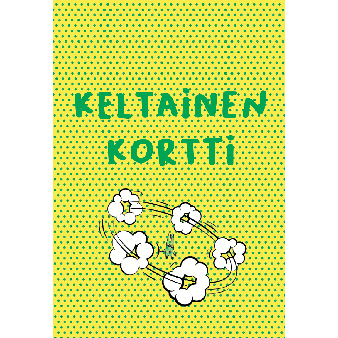 Hidasta Elämää Lasten Supersankarikortit; tuote keltaisella taustalla tasaisesti aseteltuine vihreine pisteineen; lause "KELTAINEN KORTTI" näkyy suurin, leikkisin vihrein kirjaimin keskellä; sarjakuvamaisia valkoisia kukkia mustin ääriviivoin ja keltaisin keskuksin siroteltuna keskialueen ympärille; ei ihmisiä tai käsiä näkyvissä.