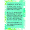 Rectangular printed sheet with a matte finish. The border consists of large green tropical leaves framing all four sides. Centered within the border is Finnish text printed in a sans-serif font, black on a white background. No people or products visible, only the flat sheet and design. Green tropical leaf border frames Finnish text describing a relaxation exercise called feather travel, guiding the reader to imagine a feather gently touching their body and to mindfully notice changing sensations for stress