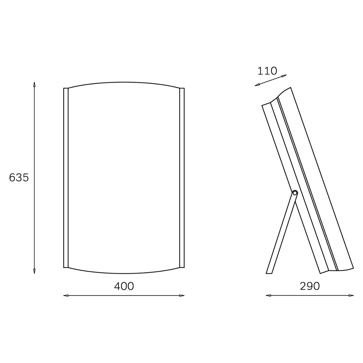 Innolux Mesa Mega LED kirkasvalo; viivapiirros suorakulmaisesta, jalustallisesta peilistä minimalistisella ulkoasulla mustin viivoin valkoisella pohjalla; mitat merkitty selkeästi: korkeus 635 mm, leveys 400 mm, jalustan syvyys 290 mm ja kehyksen paksuus 110 mm; kuvattuna edestä ja sivulta.