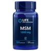 Life Extension MSM; sininen, lieriön muotoinen ja kiiltäväpintainen muovipurkki tummansinisellä kierrekannella; lihavoitu valkoinen ja keltainen groteskiteksti "Life Extension MSM 1000 mg" sekä maininta 100 gluteenittomasta kapselista; valkoinen studiotausta.