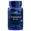 Life Extension L-Tryptophan; sininen pullo tekstillä "Life Extension L-Tryptophan 500 mg", sisältää 90 kasviskapselia; etiketti mainitsee myös muuntogeenittömyyden ja ravintolisästatuksen, korostaen laadukasta ravintolisää; opaakki sininen sylinterinmuotoinen muovipullo ruuvikorkilla mattapinnalla; groteskikirjasin tuotenimelle; pelkistetty tausta, eristetty tuotekuva, ei ihmisiä tai käsiä kuvassa.