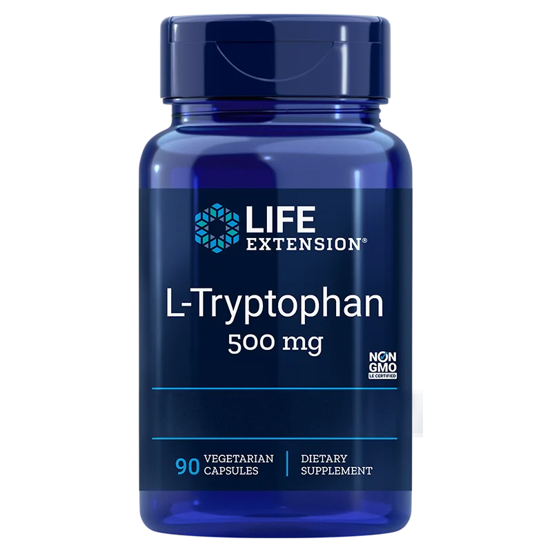Life Extension L-Tryptophan; sininen pullo tekstillä "Life Extension L-Tryptophan 500 mg", sisältää 90 kasviskapselia; etiketti mainitsee myös muuntogeenittömyyden ja ravintolisästatuksen, korostaen laadukasta ravintolisää; opaakki sininen sylinterinmuotoinen muovipullo ruuvikorkilla mattapinnalla; groteskikirjasin tuotenimelle; pelkistetty tausta, eristetty tuotekuva, ei ihmisiä tai käsiä kuvassa.