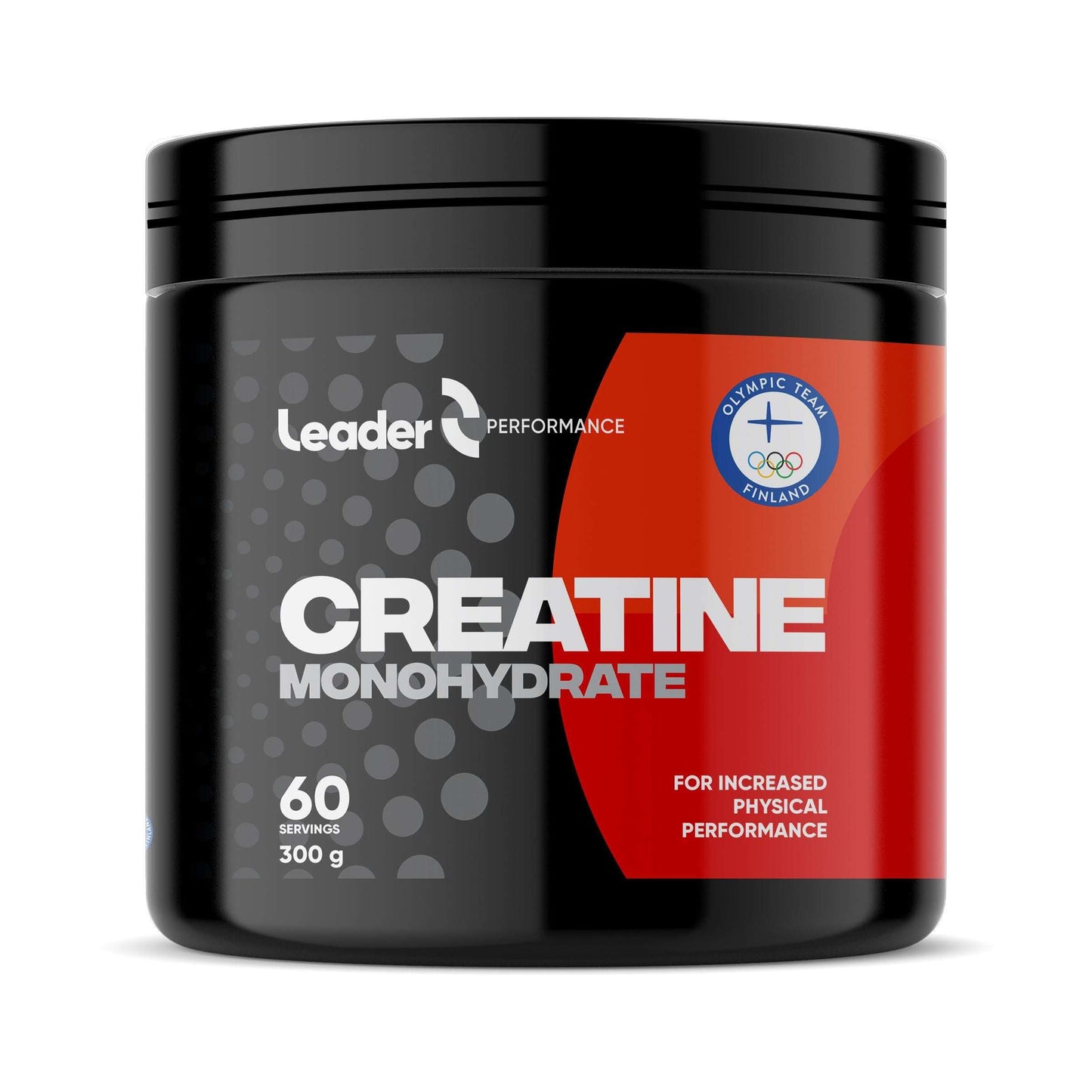 Leader Performance Creatine; musta ja punainen sylinterinmuotoinen muovipurkki Leader Creatine Monohydrate -jauhetta, 300 g, merkitty 60 annokselle; pinta kiiltäväpintainen; etiketti lihavoitua valkoista ja punaista typografiaa, tuotebrändäystä, sininen Suomen olympiajoukkueen logo ja annostustiedot; pelkistetty tasaisesti valaistu tausta, ei ihmisiä tai käsiä kuvassa.