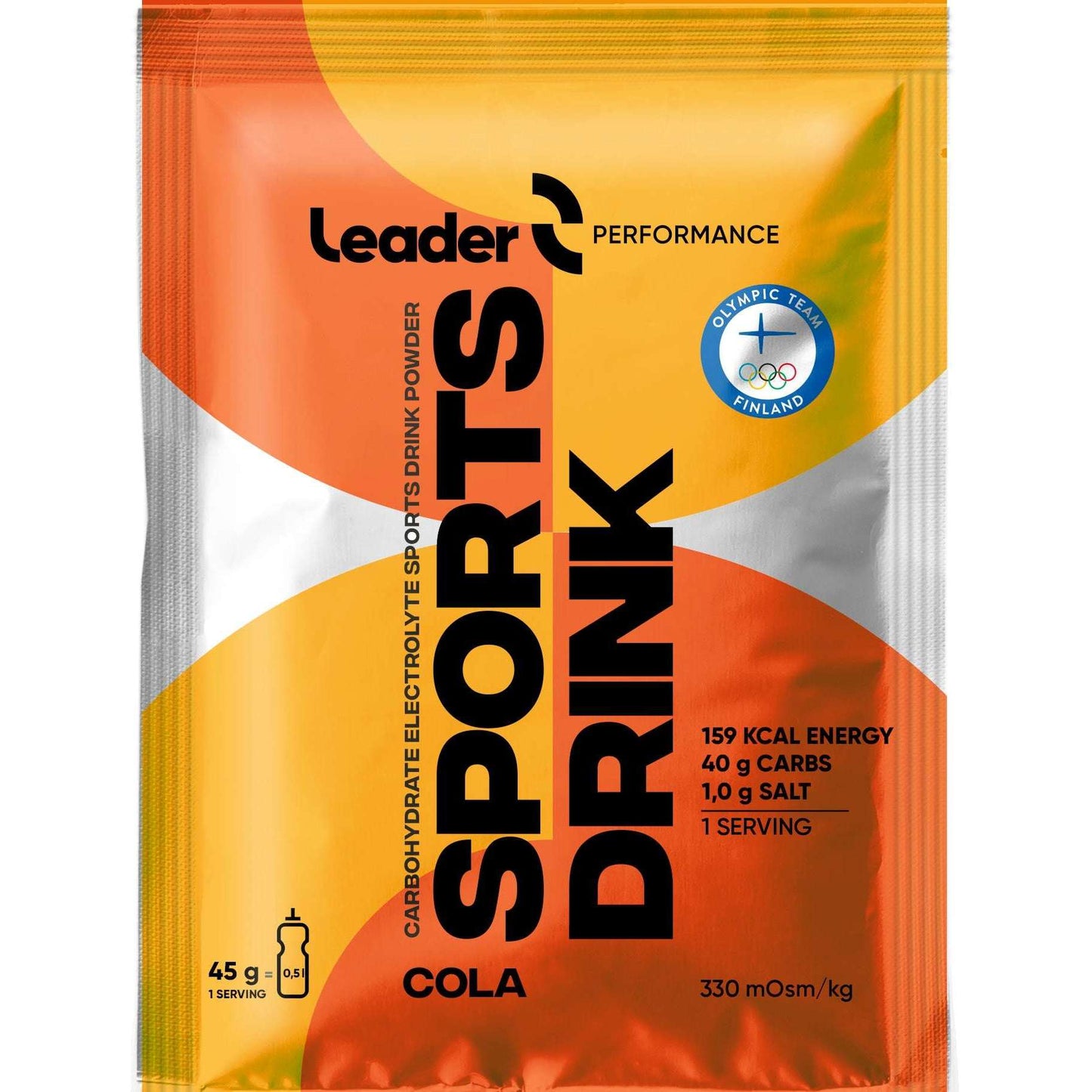 Leader Performance Sports Drink Cola; oranssi ja keltainen jauhepussi Leader-urheilujuomaa kolan maussa, ravintotiedoin 159 kcal, 40 g hiilihydraatteja ja 1 g suolaa annosta kohden, Suomen olympiajoukkueen logolla nesteytyksen tueksi; pussi suorakulmainen kiiltäväpintainen lihavoiduin groteskitekstein etupuolella; tausta tasainen, ei ihmisiä tai käsiä kuvassa.