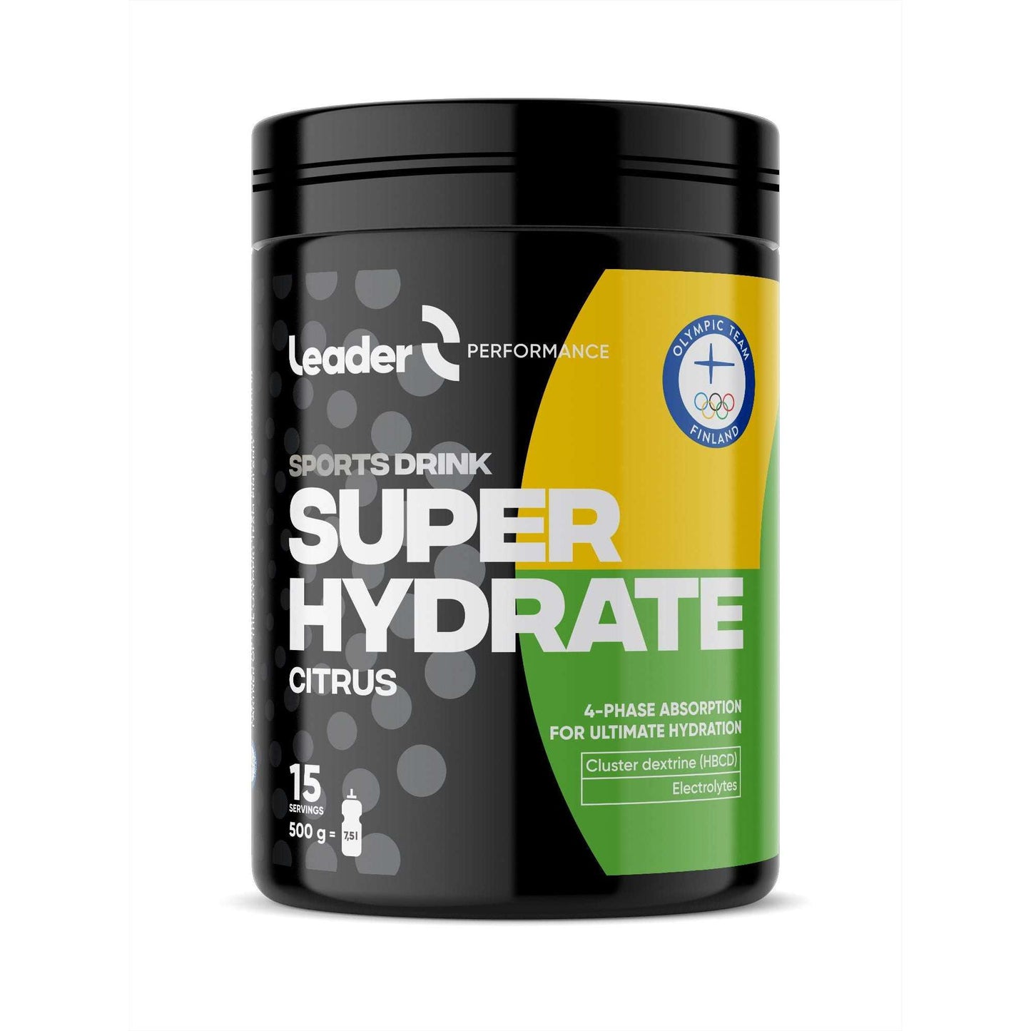 Leader Performance Super Hydrate Sports Drink Citrus; musta astia Leader Performance Super Hydrate -urheilujuomaa sitrusmaussa, keltaisin ja vihrein tehostein; pinta mattainen, leveä sylinterinmuoto ruuvikannella; etiketissä lihavoitu groteskiteksti elektrolyyteistä, nelivaiheisesta imeytymisestä ja 15 annoksesta; Olympiakomitean logo näkyvissä; lähikuva neutraalilla taustalla, ei ihmisiä kuvassa.
