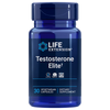 Life Extension Testosterone Elite; sininen muovipullo tekstillä "Life Extension Testosterone Elite", 30 kasviperäistä kapselia, mainitaan ashwagandha; lieriön muotoinen kierrekorkillinen pullo kiiltäväpintaisena; groteskifontti valkoisena ja hopeisena tummansinisellä pohjalla, avaintermit "1 daily", "Non-GMO" ja "Dietary Supplement"; kuva vain tuotteesta yksivärisellä valkoisella taustalla, ei ihmisiä tai toimintaa.