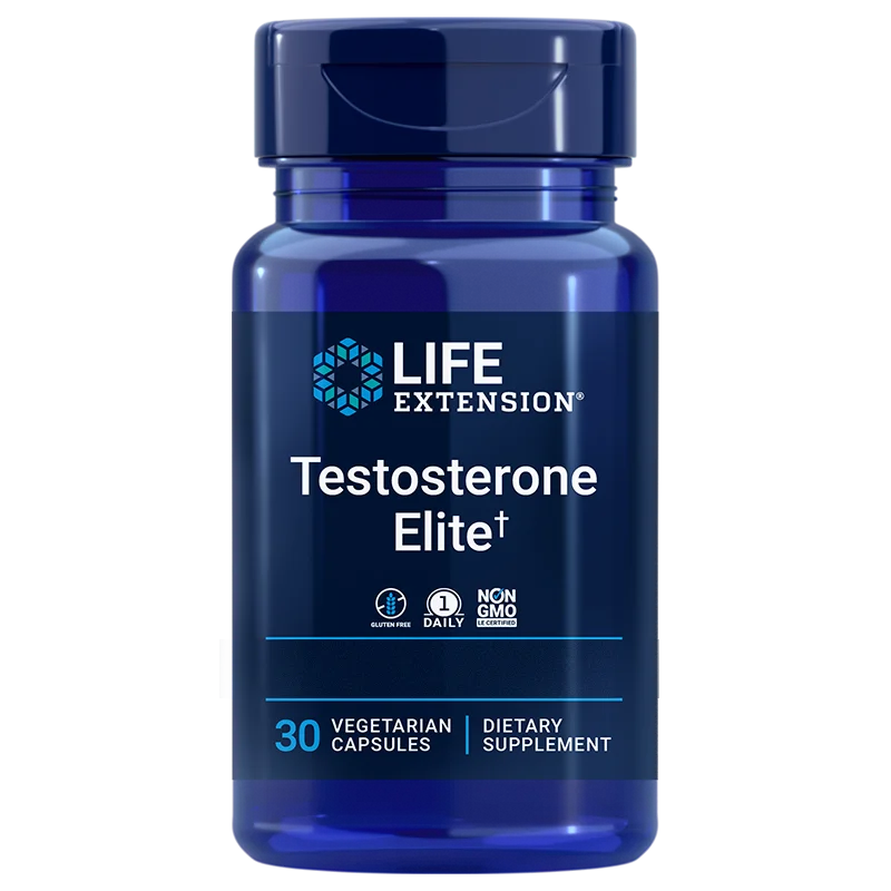 Life Extension Testosterone Elite; sininen muovipullo tekstillä "Life Extension Testosterone Elite", 30 kasviperäistä kapselia, mainitaan ashwagandha; lieriön muotoinen kierrekorkillinen pullo kiiltäväpintaisena; groteskifontti valkoisena ja hopeisena tummansinisellä pohjalla, avaintermit "1 daily", "Non-GMO" ja "Dietary Supplement"; kuva vain tuotteesta yksivärisellä valkoisella taustalla, ei ihmisiä tai toimintaa.