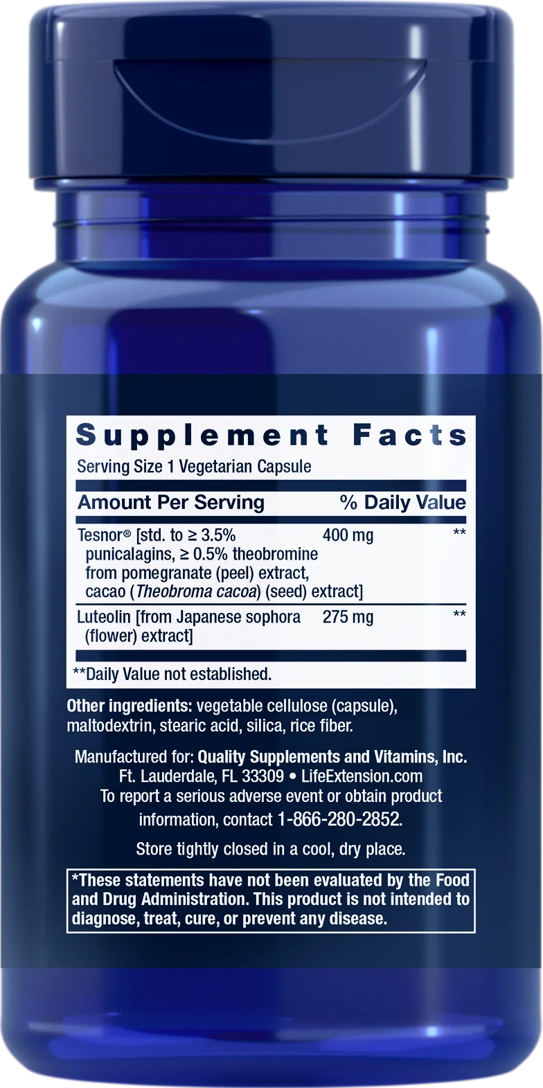 Life Extension Testosterone Elite; sininen muovinen ravintolisäpullo mattapintaisena, lieriön muotoinen, valkoinen painettu etiketti; musta groteskiteksti otsikon "Supplement Facts" alla listaa granaattiomenan, kaakaonsiemenuutteen, luteoliinin, selluloosan, maltodekstriinin, steariinihapon ja riisikuidun; pullo kuvattu pystyssä valkoisella taustalla, ei ihmisiä tai käsiä.
