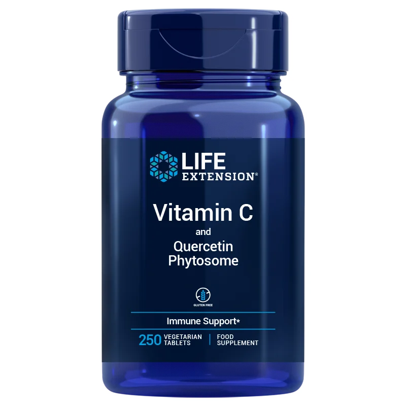 Life Extension Vitamin C and Bio-Quercetin Phytosome; sininen muovipullo kiiltäväpintaisena pystyssä valkoisella taustalla; sylinterinmuotoinen pullo yhteensopivalla sinisellä ruuvikorkilla; etiketissä selkeä luettava groteskiteksti "Life Extension Vitamin C and Quercetin Phytosome", "250 vegetarian tablets" sekä maininta antioksidantti- ja vastustuskykytuesta; ei käsiä tai ihmisiä kuvassa.