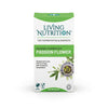 Living Nutrition Fermentoitu Kärsimyskukka; laatikko Living Nutrition Organic Fermented Passion Flower -kapseleita, hienovarainen kärsimyskukkakuvitus ja vihreitä tehosteita; suorakulmainen pahvilaatikko mattapinnalla; groteskityyppografia; etikettiteksti kertoo vegaanisuudesta, 100-prosenttisesta luonnollisuudesta, luomusta, adaptogeenisesta seoksesta ja 60 kapselista; neutraali tausta, ei ihmisiä tai toimintaa kuvassa.