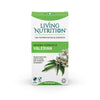 Living Nutrition Fermentoitu Valeriaana; laatikko Living Nutrition Organic Fermented Valerian -kapseleita vihrein ja valkoisin sävyin, valeriaanankukkakuvituksin sekä merkinnöin vegaanisesta, 100-prosenttisesti luonnollisesta ja sertifioidusta luomutuotteesta; laatikko suorakulmainen mattapinnalla; teksti groteskikirjasimella; pakkauksessa tuotenimi suurin kirjaimin ja ainesosakuvat alla; kuvattu valkoisella pelkistetyllä taustalla, ei ihmisiä tai käsiä kuvassa.