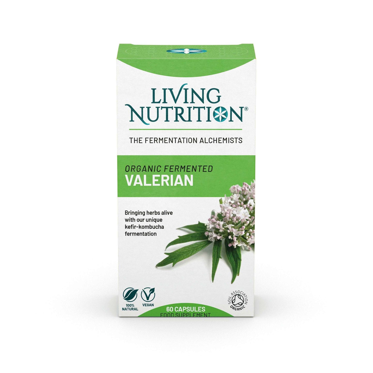 Living Nutrition Fermentoitu Valeriaana; laatikko Living Nutrition Organic Fermented Valerian -kapseleita vihrein ja valkoisin sävyin, valeriaanankukkakuvituksin sekä merkinnöin vegaanisesta, 100-prosenttisesti luonnollisesta ja sertifioidusta luomutuotteesta; laatikko suorakulmainen mattapinnalla; teksti groteskikirjasimella; pakkauksessa tuotenimi suurin kirjaimin ja ainesosakuvat alla; kuvattu valkoisella pelkistetyllä taustalla, ei ihmisiä tai käsiä kuvassa.