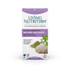 Living Nutrition Natural Nootropic; laatikko Living Nutrition Organic Fermented Natural Nootropic -kapseleita, kuvituksena vihreää teejauhetta ja siilitatti-sientä; laatikko suorakulmainen mattavalkoisena ja vihreänä; serifi- ja groteskikirjasin etiketissä, näyttäen tuotenimen ja keskeiset ominaisuudet: nootrooppinen, vegaaninen, luonnollinen, fermentoitu; ei ihmisiä tai käsiä kuvassa, yksinkertainen studiotausta, lähikuva.