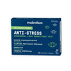 Makrobios Anti-Stress; sininen laatikko Makrobios Anti-Stress -tabletteja, suomenkielinen teksti stressin lievityksestä, positiivisesta mielialasta ja elinvoimasta; sisältää ashwagandhaa ja rauhoittavia yrttejä rentoutumisen tueksi; pakkaus näyttää 60 tablettia ja lootuskukkakuvitusta; laatikko suorakulmainen mattapintaisena; valkoinen groteskiteksti pääosassa tuotetiedoista; ei ihmisiä tai käsiä kuvassa, vaalea tausta.