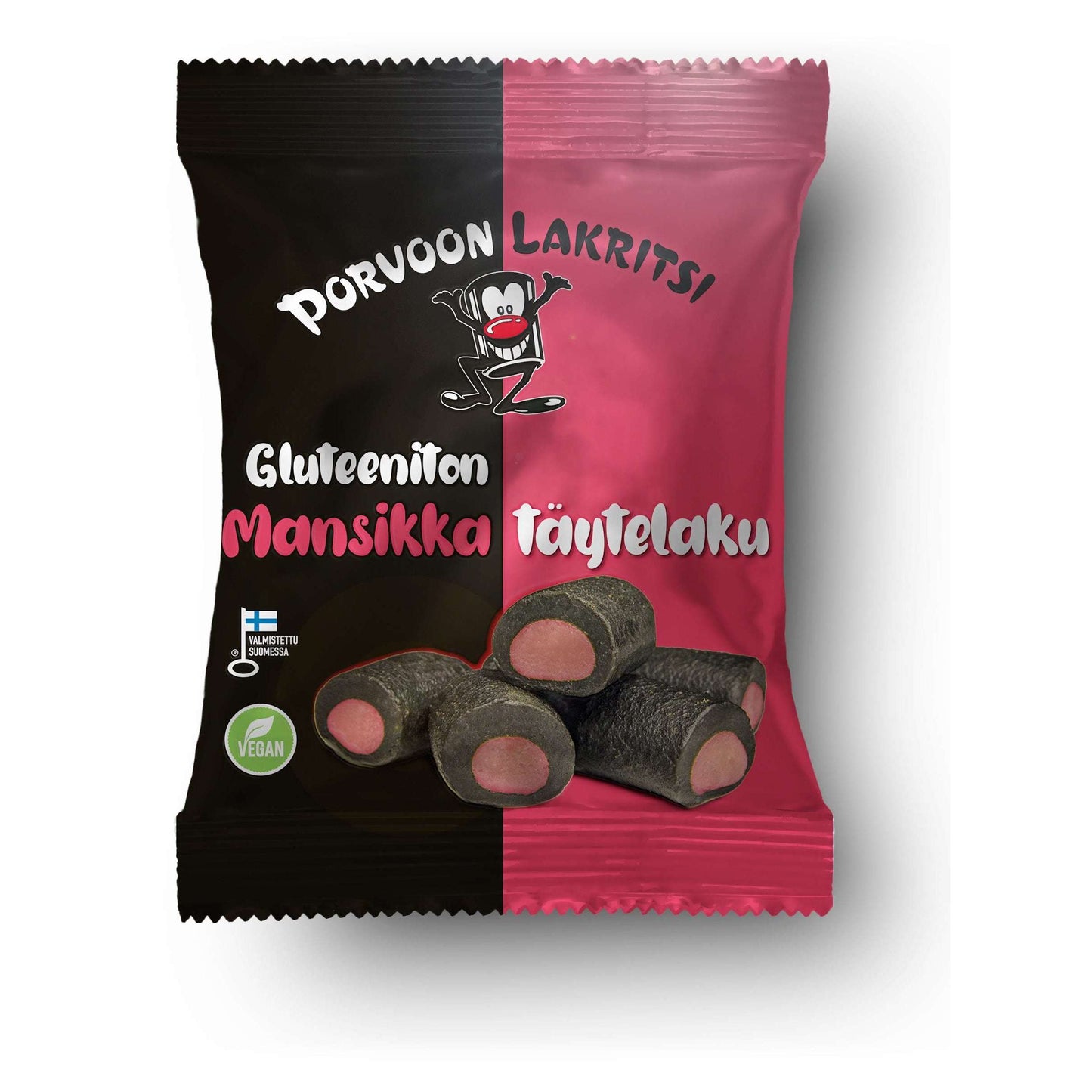 Porvoon Lakritsi gluteeniton mansikkalaku; kiiltäväpintainen, pääosin musta pussi vaaleanpunaisin osioin, jossa kuva mustista lakritsipaloista vaaleanpunaisella mansikkatäytteellä eloisaa musta-pinkkiä taustaa vasten; valkoinen lihavoitu groteskiteksti tuotenimestä ja ruokavaliomerkinnöistä; kuvattu edestä.