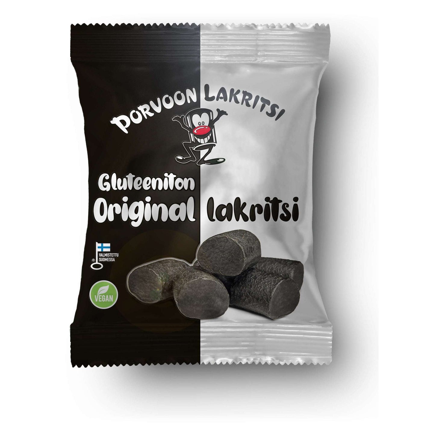 Porvoon Lakritsi gluteeniton Original; suorakulmainen, musta-valkoinen ja mattapintainen pakkaus sarjakuvamaisella maskotilla ja kolmella esillä olevalla lakritsipalalla; lihavoitu groteskityyppografia; merkinnät vegaaninen ja gluteeniton; valkoinen tausta.