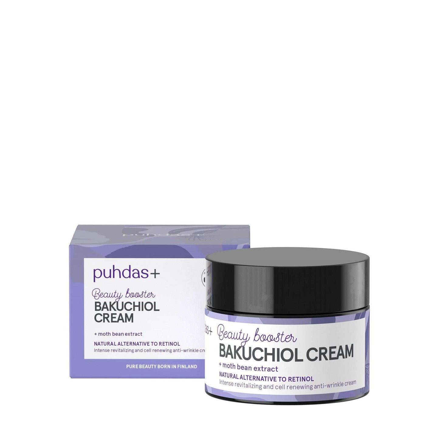 Puhdas+ Bakuchiol Beauty Booster Cream; purkki ja rasia Puhdas+ Beauty Booster Bakuchiol Cream -tuotetta koivunsiemenuutteella, tarjoten luonnollisen vaihtoehdon retinolille; tuote lieriömäisessä ja suorakulmaisessa muodossa; molemmat astiat valkoisia mattapinnalla violetein graafisin elementein; etiketti näyttää lihavoitua groteskitekstiä; tuotteet pystyssä vaaleaa taustaa vasten, ei ihmisiä tai toimintaa näkyvissä.